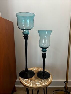 Empoli Blue Glass Stem Candle Holders - Set of 2